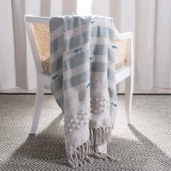 Billi Throw Blanket - Beige/ Teal - 50" X 60" - Safavieh